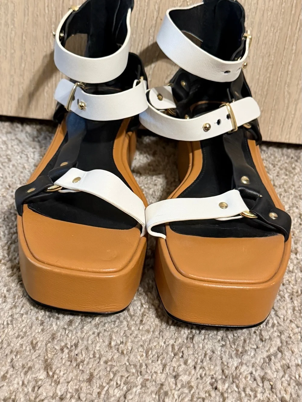 CECELIA NEW YORK White and Tan Platform Gladiator Sandals with Gold Accents